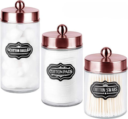 Apothecary Jars 3 Pack - Glass Bathroom Containers with Stainless Steel Lids - Rustic Farmhouse Decor Bathroom Accessories, Vanity Organizer Apothecary Jars for Qtip/Cotton Balls (Rose Gold)