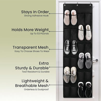 VIMALIFE Over the Door Shoe Organizer with 24 Large clear Mesh Pockets, Space Saving Shoe Holder with Metal Hooks, Hanging Rack for Closet & Door Storage, Pantry Organizer, Home Accessories