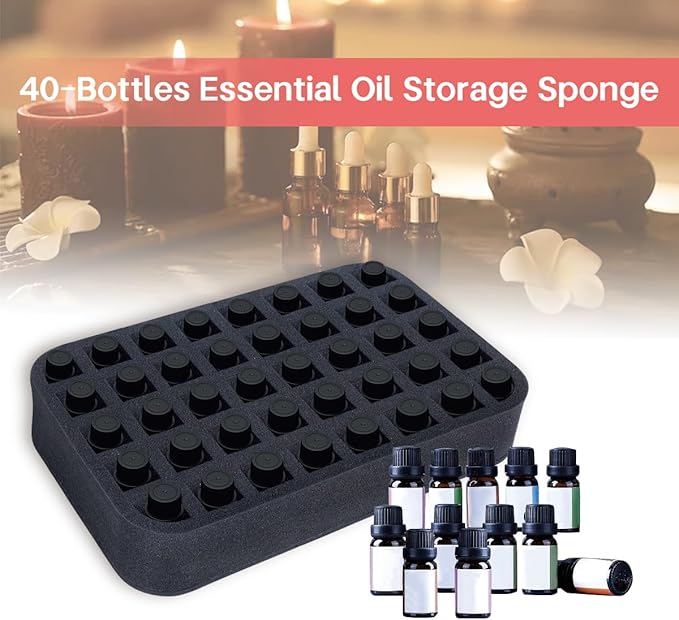 Essential oils Organizer Holder Foam Pad with Slots, Holds 40 bottles of 10ml、15ml Bottles, Removable Dividers，Black
