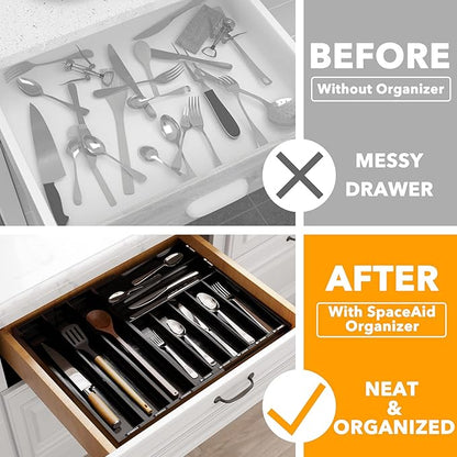 SpaceAid Bamboo Silverware Drawer Organizer with Labels, Kitchen Utensil Expandable Tray Holder Organizer for Flatware, Cutlery, Spoon and Knives Drawer Storage Organization (Black, 10 Slots)