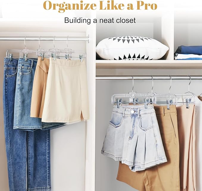 HOUSE DAY 50 Pack Skirt Hangers Pant Hangers with Clips, Clear Plastic Hangers for Pants, Skirts, Shorts, Versatile Use Clip Hanger, Retail Hanger