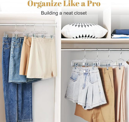 HOUSE DAY 12 Pack 14 inch Clear Plastic Skirt Hangers with Adjustable Clips, Pants Hangers 360-Rotating Swivel Hook, Clip Hangers for Pants, Trousers, Skirts, Jeans, Bulk Plastic Hangers