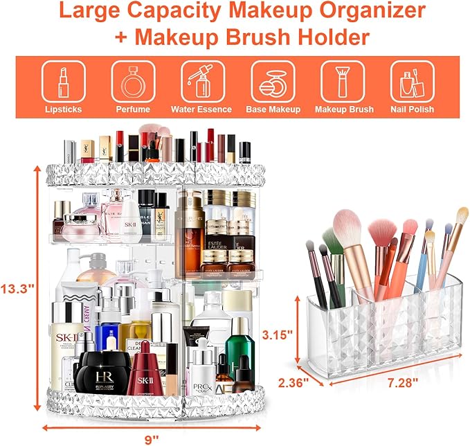 360 Rotating Makeup Organizer for Vanity + Makeup Brush Holder,Perfume Organizer with 6 DIY Adjustable Layer,Large Capacity Skincare Organizers,Lazy Susan Make up Organizer for Bedroom Dresser,Clear