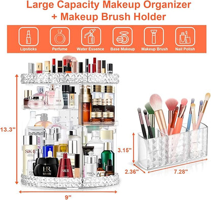 360 Rotating Makeup Organizer for Vanity + Makeup Brush Holder,Perfume Organizer with 6 DIY Adjustable Layer,Large Capacity Skincare Organizers,Lazy Susan Make up Organizer for Bedroom Dresser,Clear