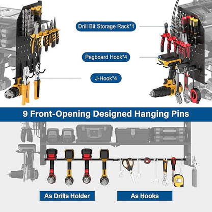 JUNNUJ Large Power Tool Organizer Wall Mount with Charging Station. Garage 8 Drill Holder Tools Battery Storage Shelf, Heavy Duty Utility Storage Rack Built in 8 Outlet 3 USB 6 FT Power Strip