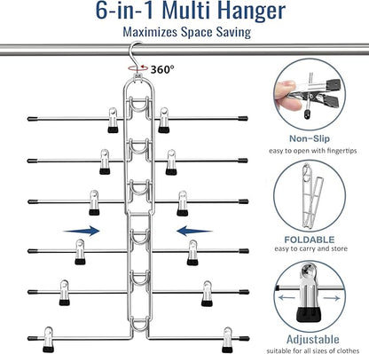 Pants & Skirt Hangers with Clips, Newly Upgraded Detachable - Space Saving Hangers, 6-Tiers Foldable Skirt Hangers for Women - Hanging Closet Organizer and Storage-2pack, Patent Pending