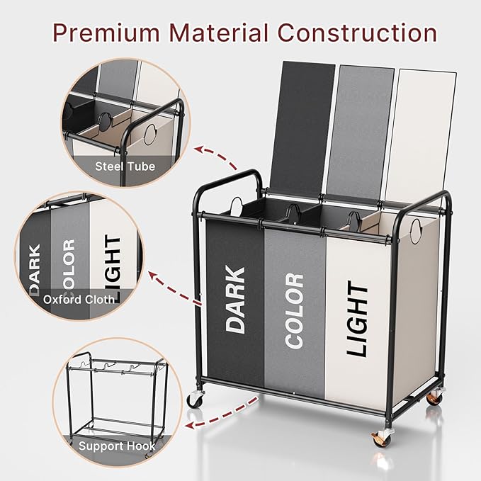 180L Laundry Sorter 3 Section – Heavy Duty Rolling Laundry Basket with Lockable Wheels and Lid, 3 Large Separate Removable Bags, Laundry Hamper Cart for Laundry Room Organizer (Multicolor)