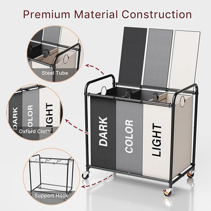 180L Laundry Sorter 3 Section – Heavy Duty Rolling Laundry Basket with Lockable Wheels and Lid, 3 Large Separate Removable Bags, Laundry Hamper Cart for Laundry Room Organizer (Multicolor)