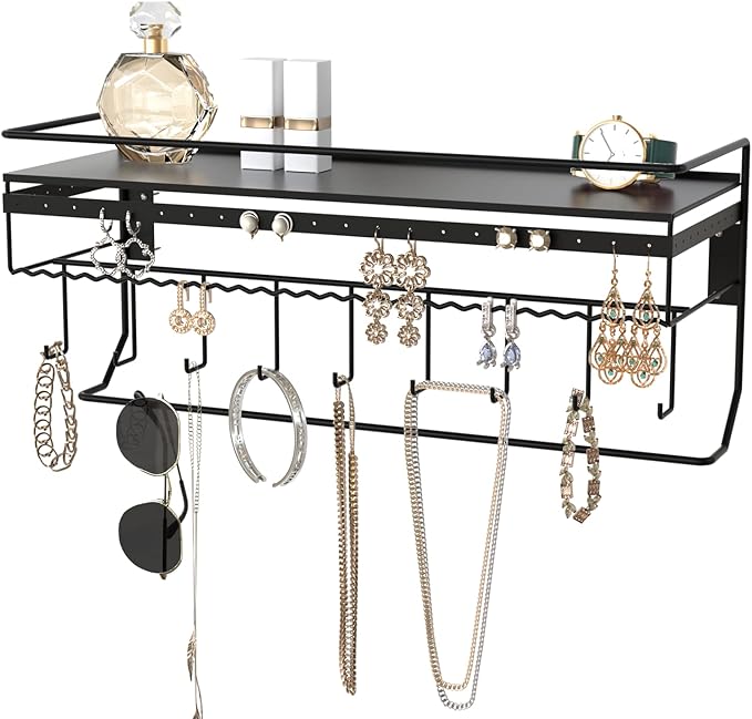 JackCubeDesign Gothic Wall Mounted Jewelry Organizer - Hanging Necklace, Earring, Bracelet Holder with Hooks and Shelf - Goth Room Decor, Iron Jewelry Display Storage Rack for Bedroom & Closet-MK238A