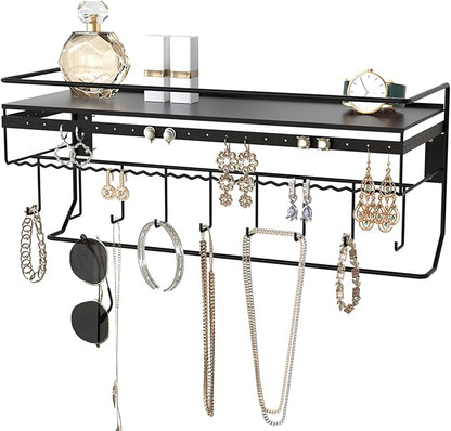 JackCubeDesign Gothic Wall Mounted Jewelry Organizer - Hanging Necklace, Earring, Bracelet Holder with Hooks and Shelf - Goth Room Decor, Iron Jewelry Display Storage Rack for Bedroom & Closet-MK238A