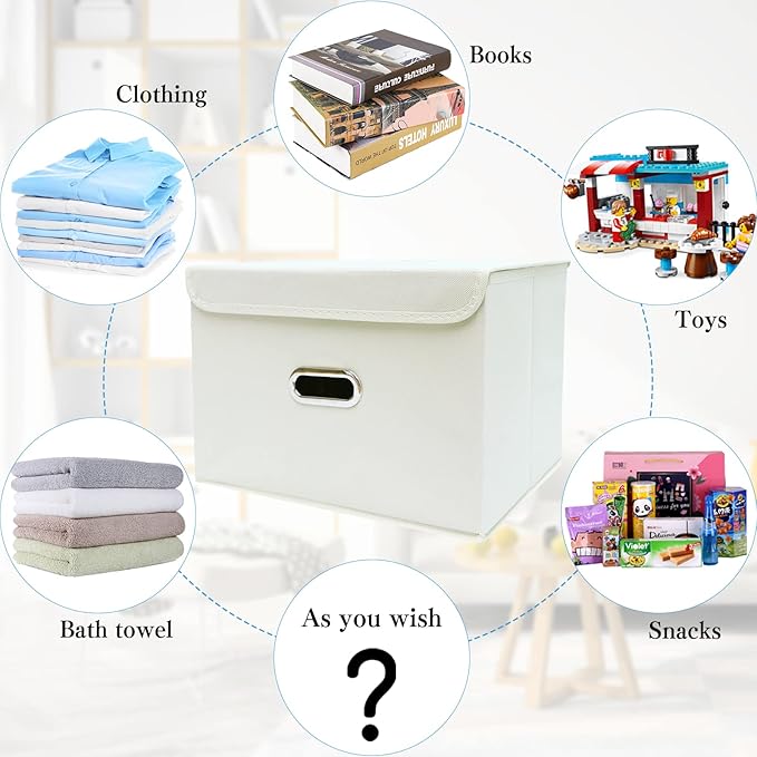 STOREONE Fabric Storage Cube Bins Foldable Organizer Container Collapsible Basket with Lids and Metal Handles, for Home, Bedroom, Closet 6 Pcs (Creamy-White)