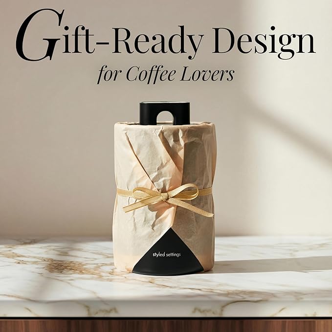 STYLED SETTINGS Coffee Storage Container - Airtight Vacuum Coffee Canister with Scoop and Label - Matte Black Canister Holds 1lb Beans or Grounds, Dual-Lid Freshness System - Perfect for Gifting