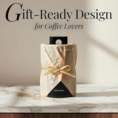 STYLED SETTINGS Coffee Storage Container - Airtight Vacuum Coffee Canister with Scoop and Label - Matte Black Canister Holds 1lb Beans or Grounds, Dual-Lid Freshness System - Perfect for Gifting