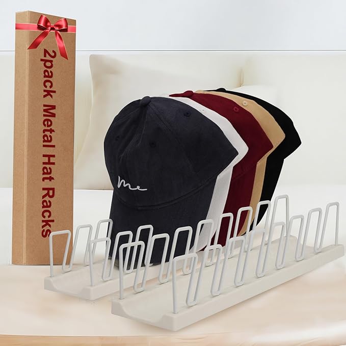 Hat Rack for Metals Baseball Caps | 14-Caps Organizer Stand | Space-Saving Design for Bedroom, Wardrobe, Office | Durable & Rust-Free Hat Holder, White 2 Pack