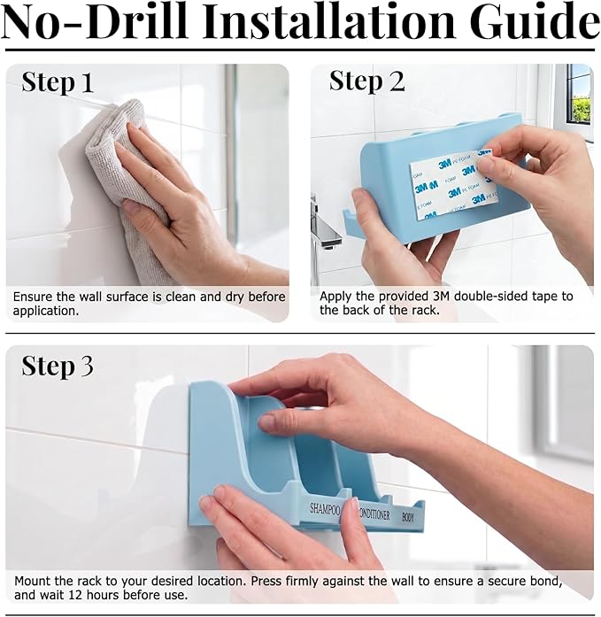 Soap Holder for Shower Wall, 3-Compartment Soap Dish for Shampoo, Conditioner and Body Soap, Fast Draining & Rust-Proof & Heavy Duty, Ultra-Strong Self Adhesive & Freestanding (Light Blue, Label)