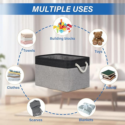 Temary Fabric Storage Baskets 4Pack Storage Bins Decorative Basket for Gift, Clothes Bin with Rope Handle, Rectangle Baskets for Storage, Blankets(Black&Gray,15x11x9.5 inch)