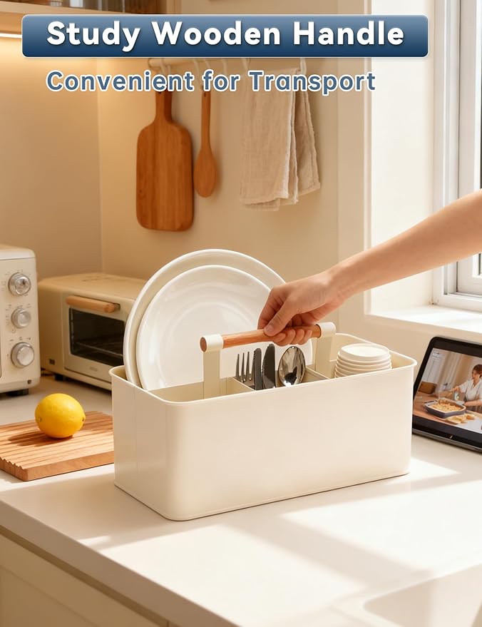 Caddy Organizer with Wooden Handle, Metal Utensil Caddy with 4 Compartments, Picnic Caddy Paper Plate Organizer Utensil Holder for Party