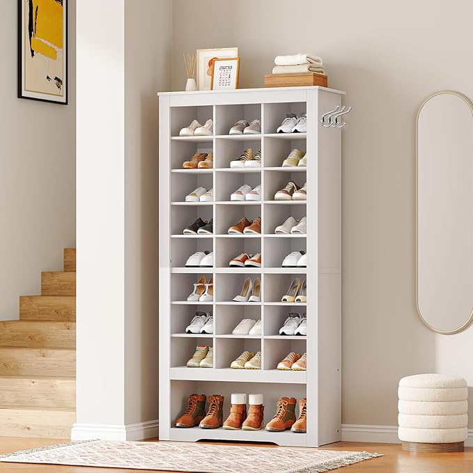 HOOBRO Tall Shoe Cabinet Set of 2, 9 Tier Shoe Storage Cabinet, Freestanding Wooden Shoe Organizer with 24 Cubbies and 3 Hooks, for Entryway, Closet, Living Room, White WT24SCP201