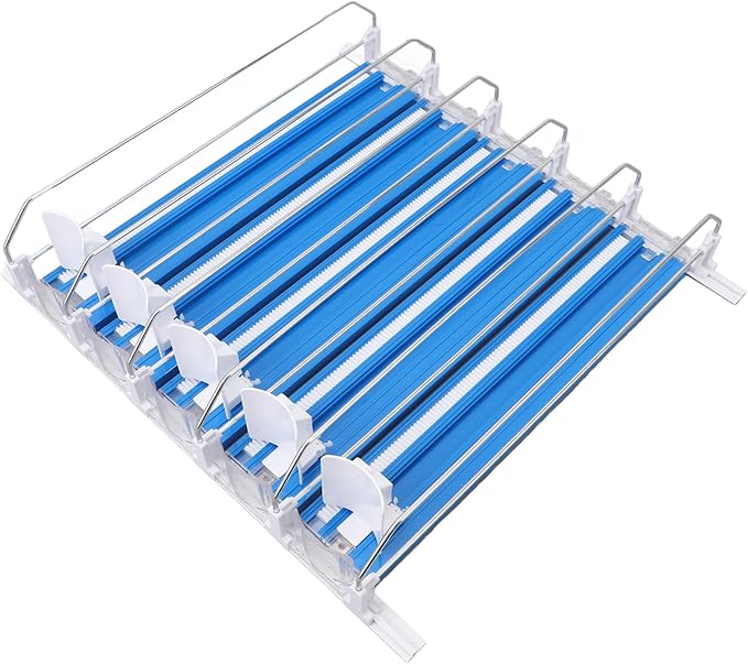 Pilipane 5pcs Self Pushing Soda Can Dispenser Drink Organizer for Fridge Automatic Beverage Pusher Glide System Adjustable Dividers for Beer Pop Cans Water Bottles Pantry Garage Coolers (Blue)