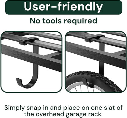 SunsGrove Heavy-Duty 4-Pack Overhead Garage Ceiling Storage Hooks, Add-On Storage Flat Hook Accessory for Hanging Bikes and More, Supports Up to 53lbs