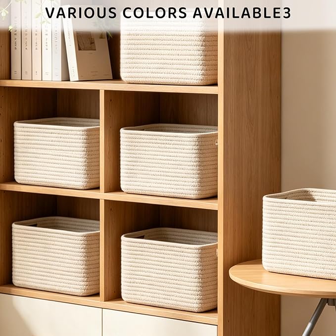 4 Pack Storage Baskets for Organizing, 12''Lx9''Wx8''H Woven Baskets for Storage Toys, Towels, Books, and Clothes, Cotton Rope Basket for Shelves with Handle White & Brown