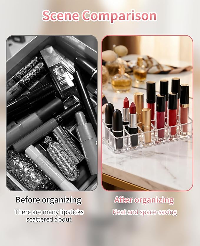 2 Pack 12 Slot Clear Acrylic Lipstick Organizer, Lip Stick Gloss Holder for Drawer