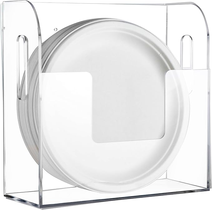 Acrylic Paper Plate Dispenser Wall Mounted, Paper Plate Organizer in Cabinet, Disposable Plate Storage Holder for Kitchen Countertop or Outdoor Picnics Party, Provide Adhesive Strip & Mounting Screws