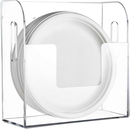 Acrylic Paper Plate Dispenser Wall Mounted, Paper Plate Organizer in Cabinet, Disposable Plate Storage Holder for Kitchen Countertop or Outdoor Picnics Party, Provide Adhesive Strip & Mounting Screws