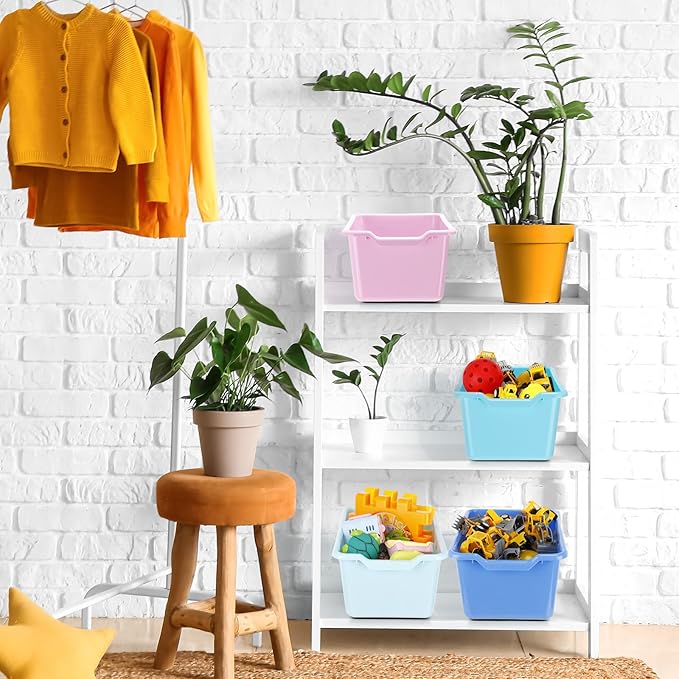 Dandat 16 Pcs Plastic Book Bins for Classroom Library Cubby Bins Scoop Front Stackable Toy Storage Tubs Containers for School Office Home Nursery Playroom Organization (Pastel Color)