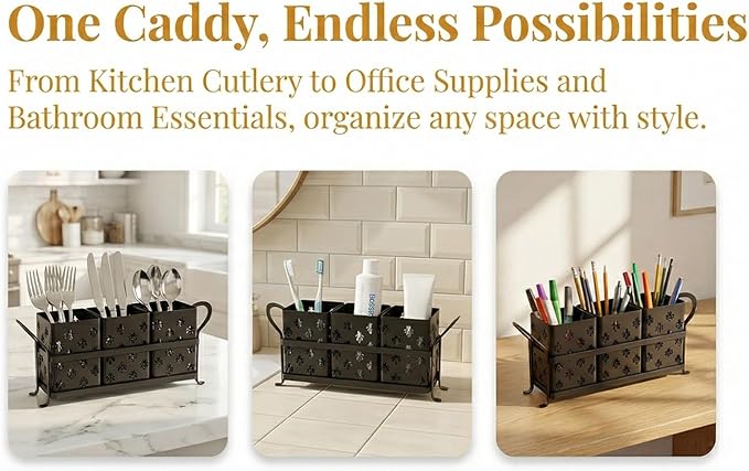 Silverware Caddy with Bee Design, 3 Compartment Metal Utensil Holder with Handles,Silverware Holder for Party Countertop, Kitchen, Outdoor, Cutlery Holder Organizer for Spoon Fork,Black