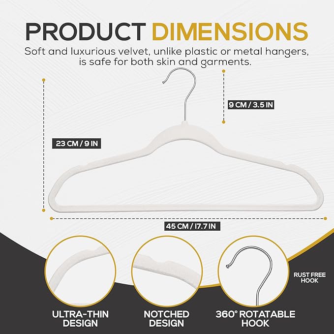 Techzoo Premium Velvet Hangers 50 Pack Ultra Thin Non Slip Adult Felt Space Saving Slim Suit Hanger for Closet Heavy Duty Coat Pants Jackets Dress Hangers 360° Swivel Hook Hold Upto 10 lbs White