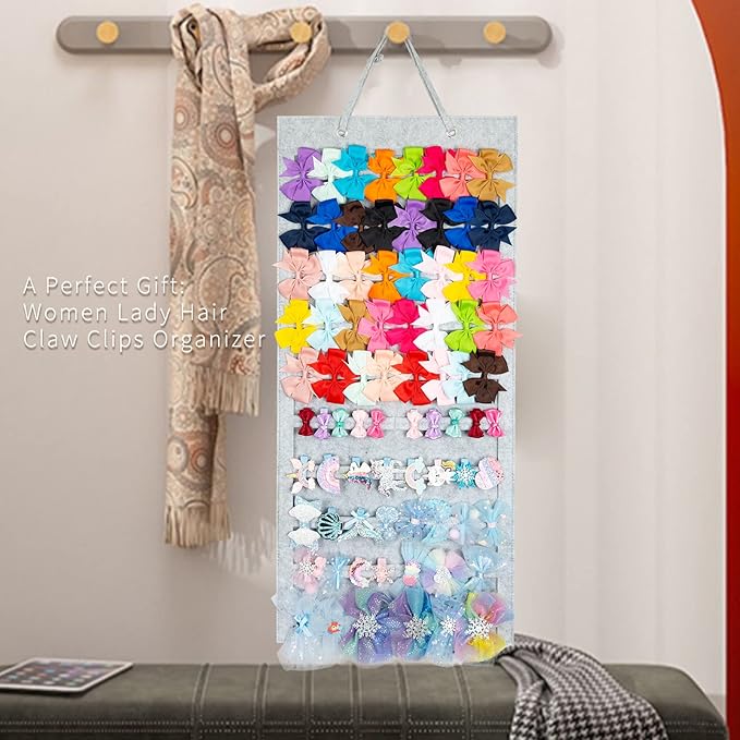 Bow Organizer - 10 Layer Display Holder for Girls Hair Bows - Wall, Door, Closet Mount (Grey-A)