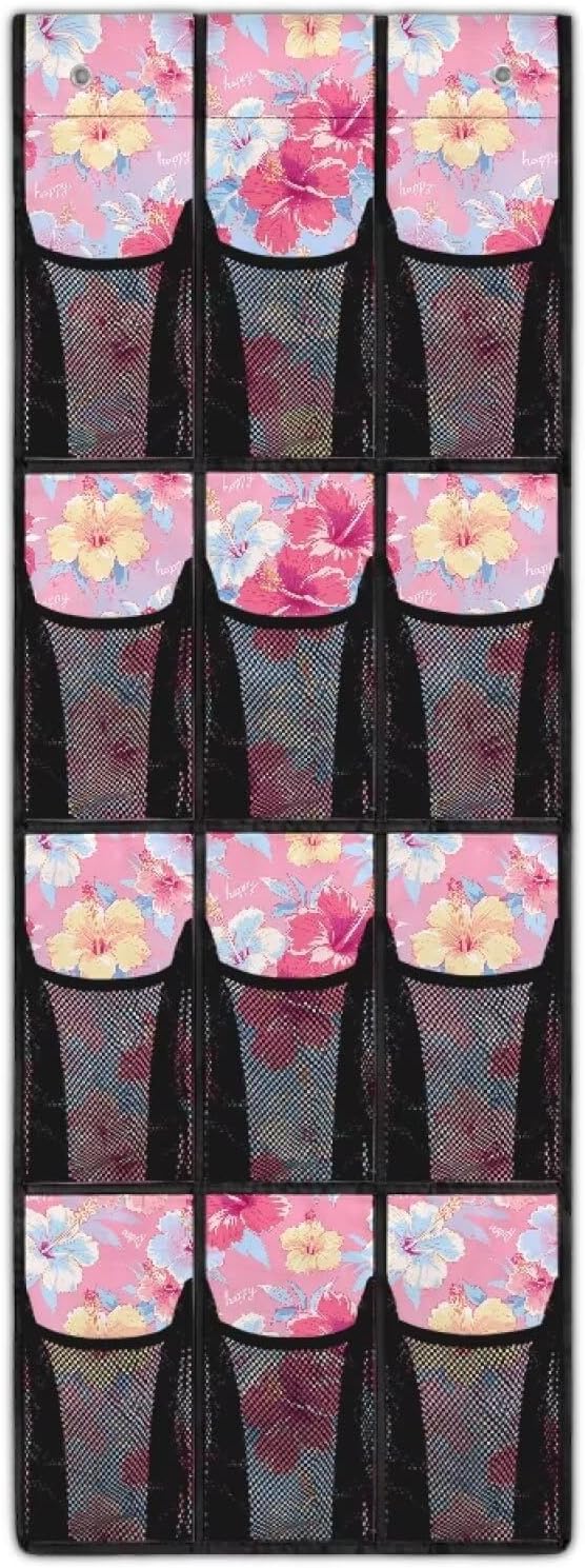 Space Saving Hanging Shoe Organizer,Entryway Bedroom Bathroom Storage Bags with 12 Mesh Large Pockets Waterproof Reusable,Tropical Flower Pink