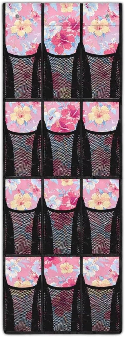Space Saving Hanging Shoe Organizer,Entryway Bedroom Bathroom Storage Bags with 12 Mesh Large Pockets Waterproof Reusable,Tropical Flower Pink