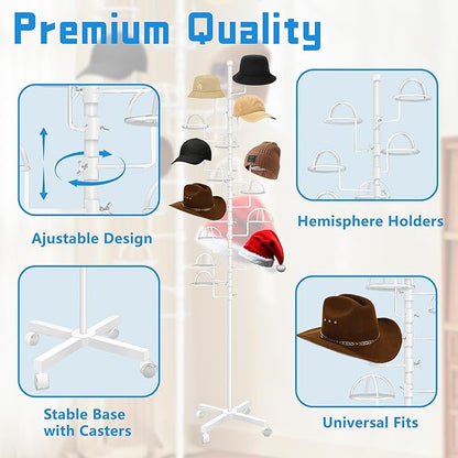 Montex Freestanding Hat Rack Stand, Metal Hat Organizer Rack with 14 Customisable Circular Hooks, Hats Tree Stand Floor Standing Hat Display, White