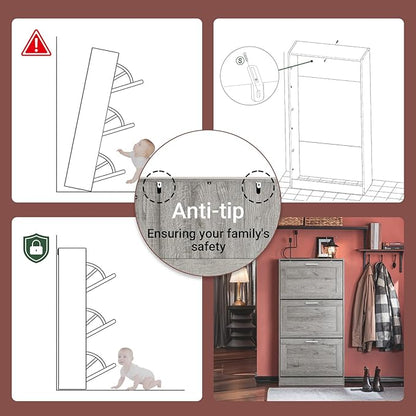 Haotian Shoe Storage Cabinet Entryway, Freestanding Shoe Cabinet with 3 Flip-Drawers Fully Enclosed Tall Shoe Rack Shoe Organizer, Grey, FSR137-L-HG