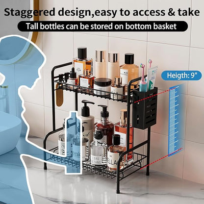Bathroom Countertop Organizer With Toiletries Basket, 2 Tier Bathroom Counter Storage Rack with Adjustable Feetpad, No-Screw Caddy Stand for Vanity, Sturdy Metal Wire Black, Medium 12.8''L x 7.2''W