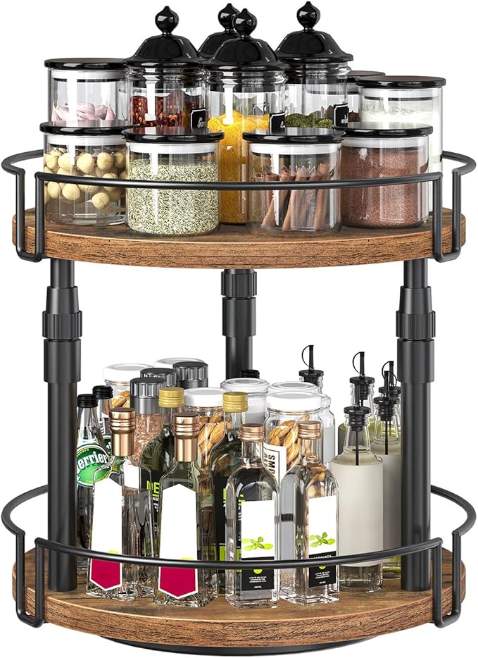 HOOBRO Lazy Susan Organizer Spice Rack, 2-Tier Height Adjustable Rotating Spice Organizer, for Kitchen Countertop and Cabinet, Rustic Brown BF05TL01