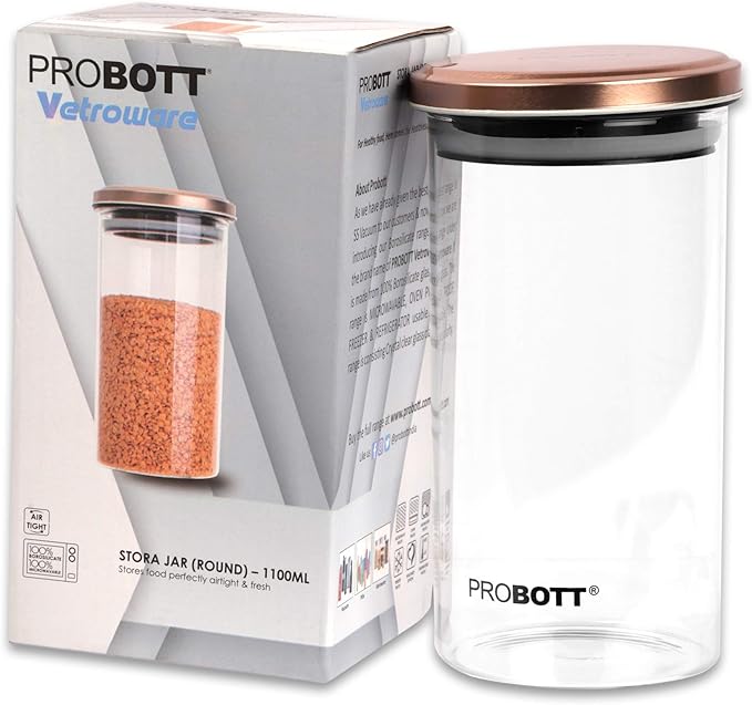 PROBOTT Vetroware Glass Storage Jar 1100ml, Transparent | For Grains, Pulses, Spice, Cereals, Cookies, Dry Fruits | Fridge Storage Container | Multipurpose Organizer Jar with Airtight Metal Lid
