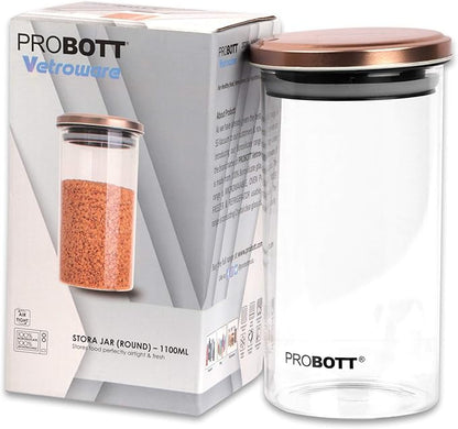PROBOTT Vetroware Glass Storage Jar 1100ml, Transparent | For Grains, Pulses, Spice, Cereals, Cookies, Dry Fruits | Fridge Storage Container | Multipurpose Organizer Jar with Airtight Metal Lid
