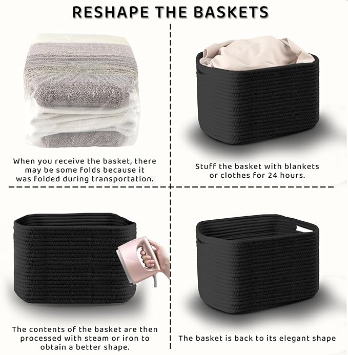 4 Pack Storage Baskets for Organizing, 12''Lx9''Wx8''H Woven Baskets for Storage Toys, Towels, Books, and Clothes, Cotton Rope Basket for Shelves with Handle White & Brown