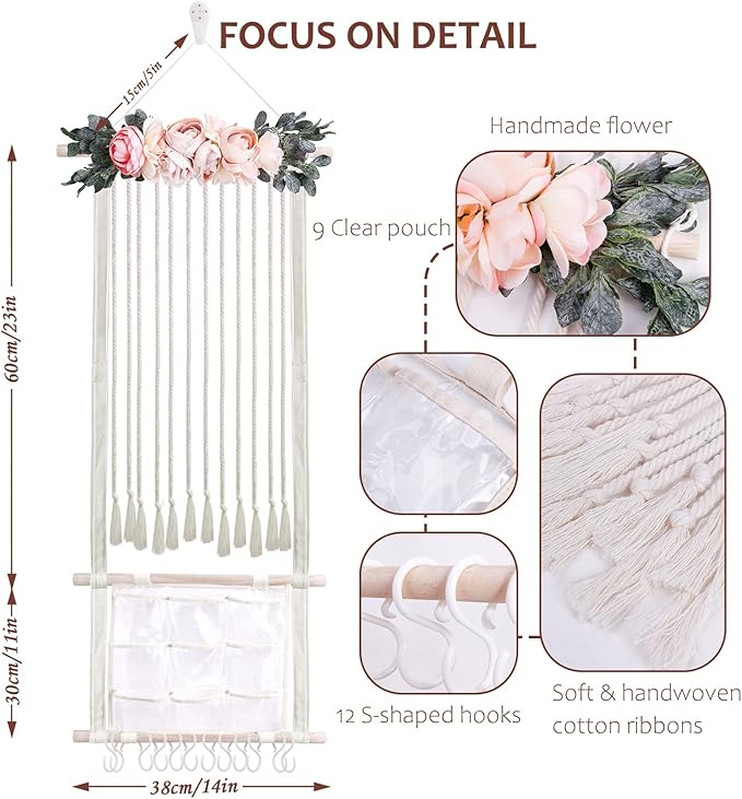 cherrboll Hair Bows Holder Headband Organizer for Girls, Hair Clips Hanger Storage with Hooks, Wall Hanging Decor for Nursery Room
