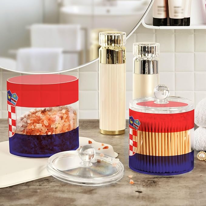 DOMIKING Croatia Flag 2 Pack Bathroom Canisters Cotton Swab Holder Dispenser Plastic Cotton Ball Jar Acrylic Storage Containers for Cotton Ball Cotton Swab Cotton Round Pads