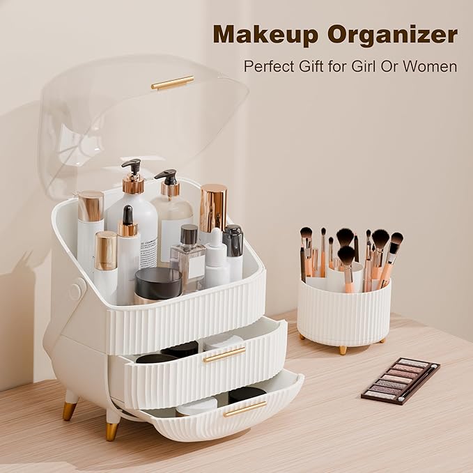 lurcns Makeup Organizers and Storage Make up Organizer for Vanity Cosmetics Skincare With Lid and Drawers Display Cases for Countertop Bathroom Women Teenager Girl Gifts(White+Brush Holder)
