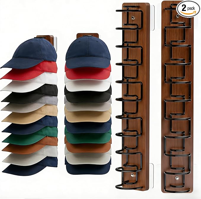 2 Pack Hat Organizer for Baseball Caps, Wood & Metal Hat Rack for Wall, Hat Storage for 22 Caps with Strong Adhesive/Wall Drilled for Door, Wall and Closet (Brown)