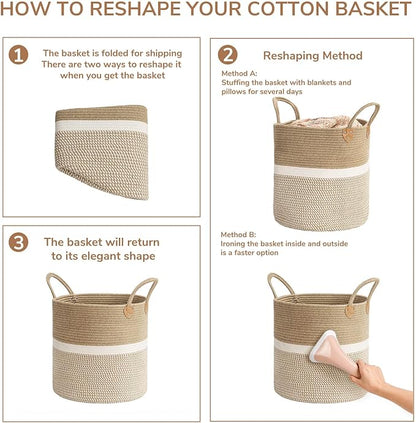 CHICVITA Extra Large Woven Storage Basket with Handles – Laundry Basket Toy Towels Jute Blanket Basket Home Decor Gift, 16" x 16", White