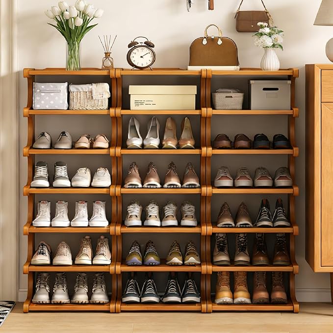 39" Bamboo Shoe Rack - Vertical Shoe Organizer Rack for Small Space, Narrow Shoe Tower for Closet, Entryway, Corner, Tall Shoe Shelf with Removable Shelves, Flexible Storage Shelf for Saving Space