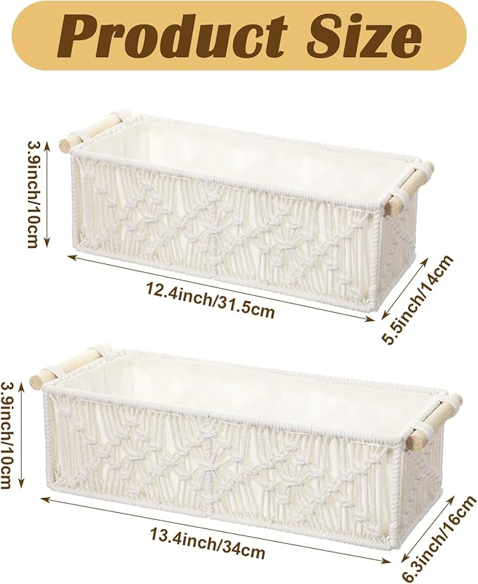 Macrame Storage Baskets Boho Decor Gift Box Woven Toilet Paper Basket with Wood Handles Home Decorative Baskets for Organizing on Shelf Cabinet Countertop Livingroom - Set of 2