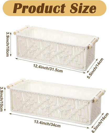 Macrame Storage Baskets Boho Decor Gift Box Woven Toilet Paper Basket with Wood Handles Home Decorative Baskets for Organizing on Shelf Cabinet Countertop Livingroom - Set of 2