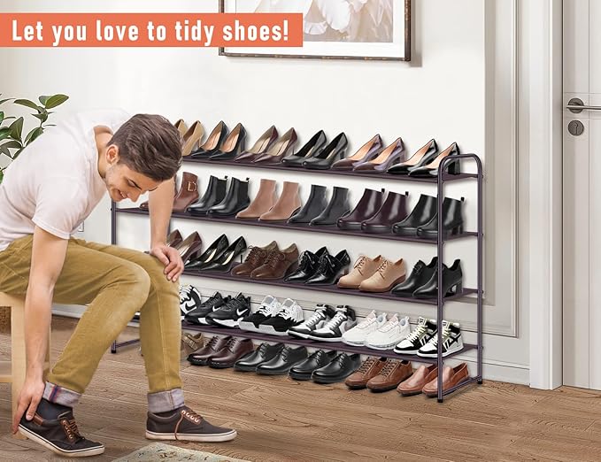 MISSLO 4 Tier Long Shoe Organizer for Closet Shoe Rack for Bedroom Closet Floor Shoe Shelf for Entryway Storage Stackable Wide Shoe Shelf Stores 30 Pairs of Men Sneakers, Brown